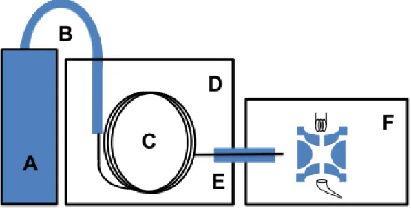 Figure  19  Schematic diagram of TD-GC-MS, (A) thermal desorption sampler, (B)  Heated transfer line, (C) capillary column, (D) Gas Chromatograph, (E)  Mass spectrometer heated transfer line and (F) Ion trap mass  spectrometer