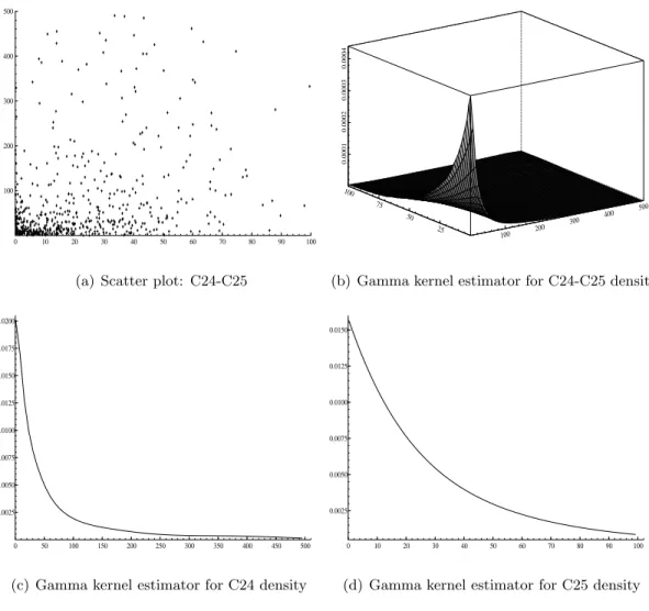 Figure 4: Scatter plot and gamma kernel density estimator for C24-C25 data. The bottom: gamma kernel density estimator for the C24 and C25