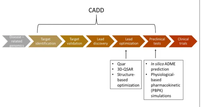 Figure  1:    Computer  Aided  Drug  Design  (CADD)  in  drug  design  and  development  process  (adapted from Kore, Mutha, Antre, Oswal, &amp; Kshirsagar, 2012)