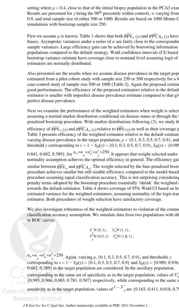 Table 3 presents efficiency of the weighted estimator relative to the default estimator for varying disease prevalence in the target population, ρ = {0.1, 0.3, 0.5, 0.7, 0.9}, and varying threshold y corresponding to v = 1 − S D̄ (y) = {0.1, 0.3, 0.5, 0.7,