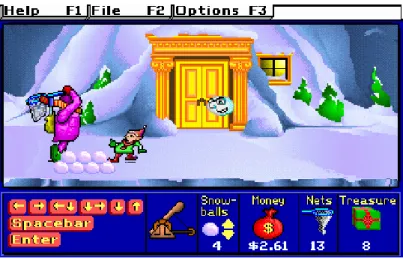 Fig 2.3: Treasure Mathstorm! was notably more complicated than previous educational math games.  Players can capture elves, must avoid or defeat evil snowballs, and must solve various math problems to earn money and progress through the game.