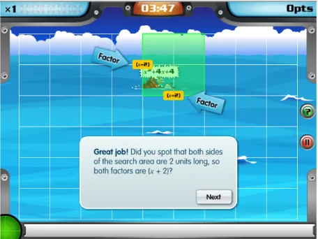 Fig 3.3: Players drag boxes that represent factored quadratics to help ships in need Ships in need of rescuing appear progressively more quickly and the player is tasked with quickly and efficiently solving numerous quadratics.  Points are awarded for doin