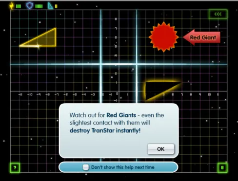 Fig 3.7: Transtar sets itself apart from other online educational games by introducing a variety of fun and challenging mechanics There are a variety of interesting mechanics in Transtar.  For example, players must watch out for Red Giants while reflecting