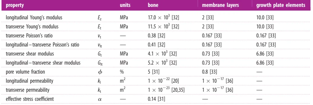 Table 1. Material properties used for cortical bone, membrane layers and growth plate elements.