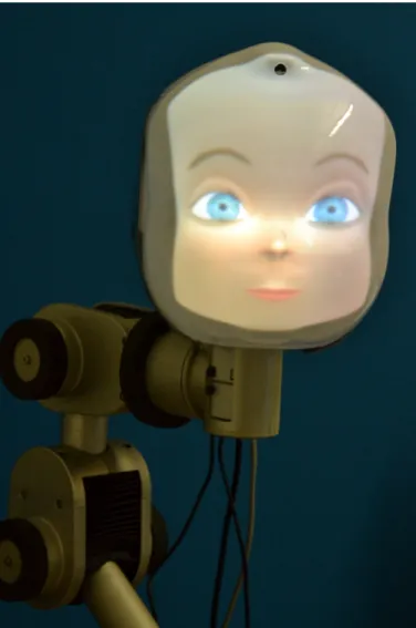 Fig 2. The LightHead robot. A semi-transparent mask mounted on a 6 DoF robotic arm, in which an animated character is projected.