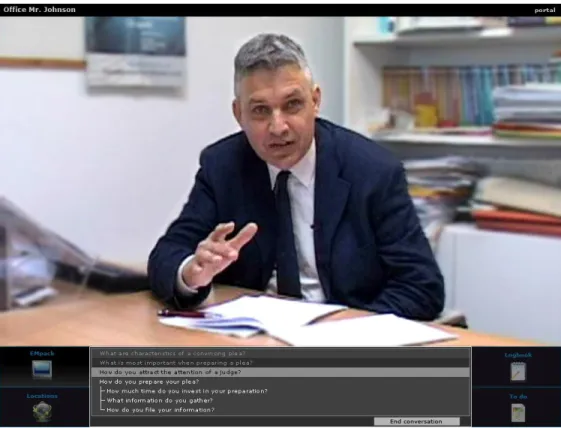 Figure 4. Video interview in one of the games. The learner can consult non-playing  characters by selecting questions from the list