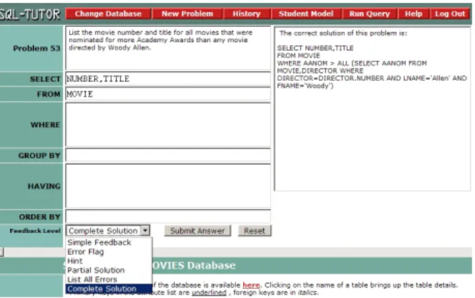 Fig. 1. The SQL-Tutor task environment showing the combo box with the various levels of problem-dependent help