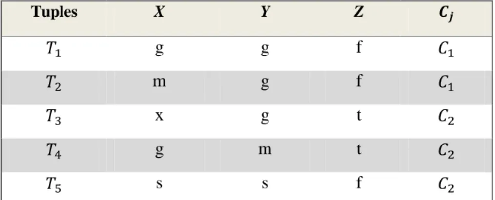 Table 2 represents a toy dataset which consists of 5 tuples represented by 4 attributes