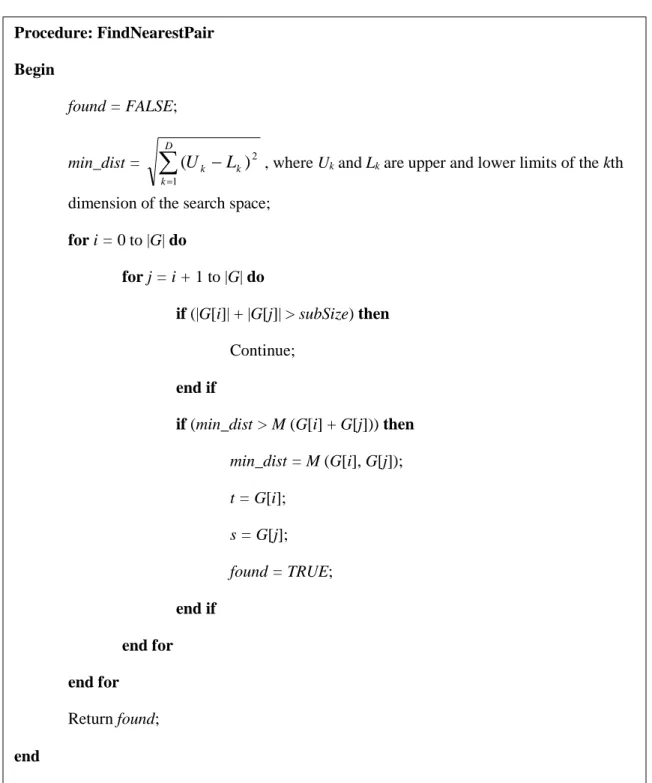 Figure 3.2 Pseudo-code for FindNearestPair Algorithm Procedure: FindNearestPair Begin found = FALSE; min_dist = DkkkLU1)2