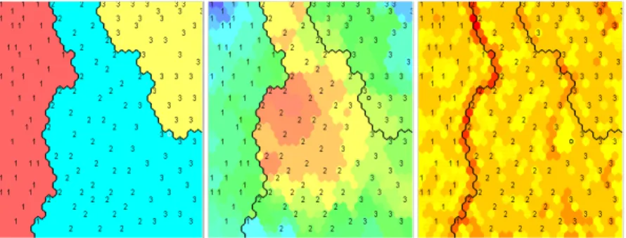 Fig. 11. Iris data set in SOM (left – flat clusters, middle – global shading, right – u-matrix), created by system Viscovery SOMine.