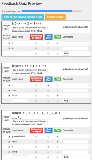 Figure 3. The quiz preview pane of the Foobaz teacher interface. Vari- Vari-able behavior was logged by running all solutions on a common test case.