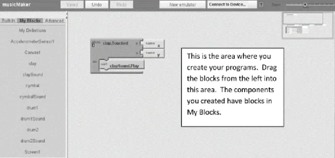 Figure 4. App Inventor interface with interlocking blocks of code used to program features