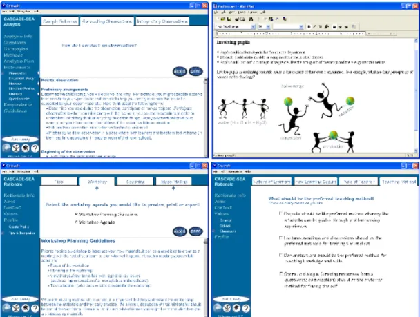 Figure 3. Samples of support within CASCADE-SEA (clockwise: advice on how to conduct an  observation; tool in form of draft lesson plan; learning opportunity about planning workshops; 