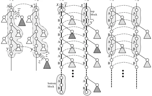 Figure 10: Construction of M 4 . Gray triangles denote large subtrees, and thin dashed lines denote (parts of) M 3 