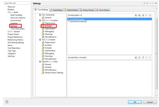 Figure 1.17.: Includes conguration in Eclipse for autocompletion with Qt libraries.