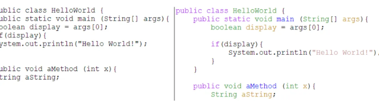 Figure 3.1: Java Source Code: plain vs syntax coloured and indented