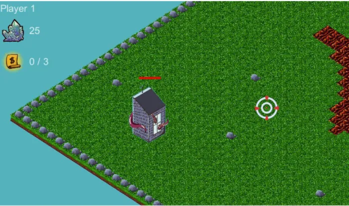 Figure 3. Screenshot of Grant Anon. The main base can be seen in the screenshot (building with  tentacles around it) as well as the map (grass, rocks, and lava on the screen)