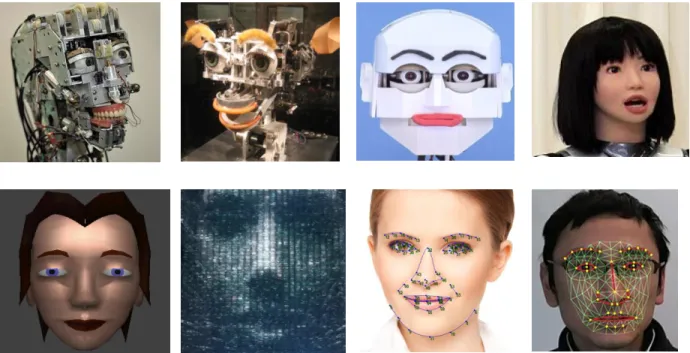 Fig. 1-12 Vikia computer generator face (first in the second row) and different face robots  (University of Tokyo)