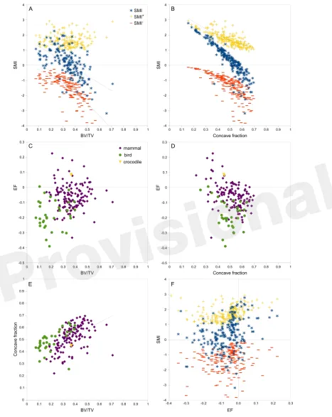 Figure 4: Correlations between parameters related to SMI – interspecies data Scatterplots of pairs of parameters measured on trabeculae in mammal, bird and crocodile femoral head and condyle370images reveal strong and clear relationships between SMI, BV/TV