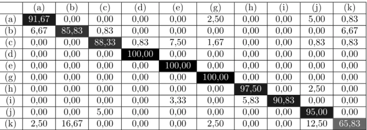 Table 4. Results of the LBP algorithm with 8 neighbors algorithm using 10 classes.