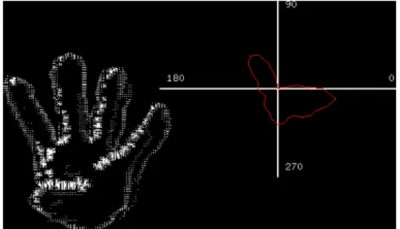 Fig. 3. Hand gradients (left), Histogram of gradients (right) 