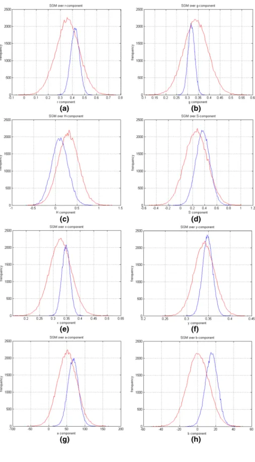 Figure 1 illustrates the SGM model applied to different  colour spaces (nRGB, HSV, CIE X, Y, Z, and CIE L*, a*, 