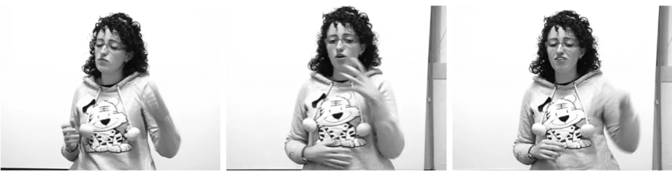 Fig. 10. Example of iconic gesture. The subject is talking about the crow stealing the cheese with its beak  (see Appendix 1 for the whole story) 