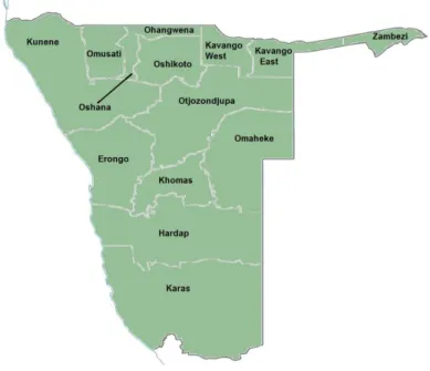 Figure 2.1: Map of the distinctive regions of Namibia (Katangais, 2017) 