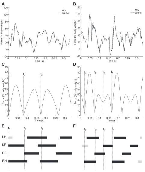 Fig. 3. Reconstructing the gait from raw force data. Ainmean stance times were compared with tthe smoothed signal., C, and E: relate to a trotting gait