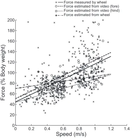 Fig. 5. Peak limb forces measured by the wheel compared with peak forcespredicted from duty factors
