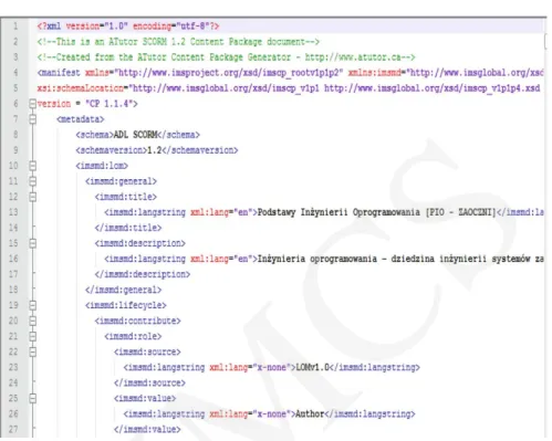 Fig. 2. Example of a metadata ﬁle conforming SCORM for e-learing course content description.