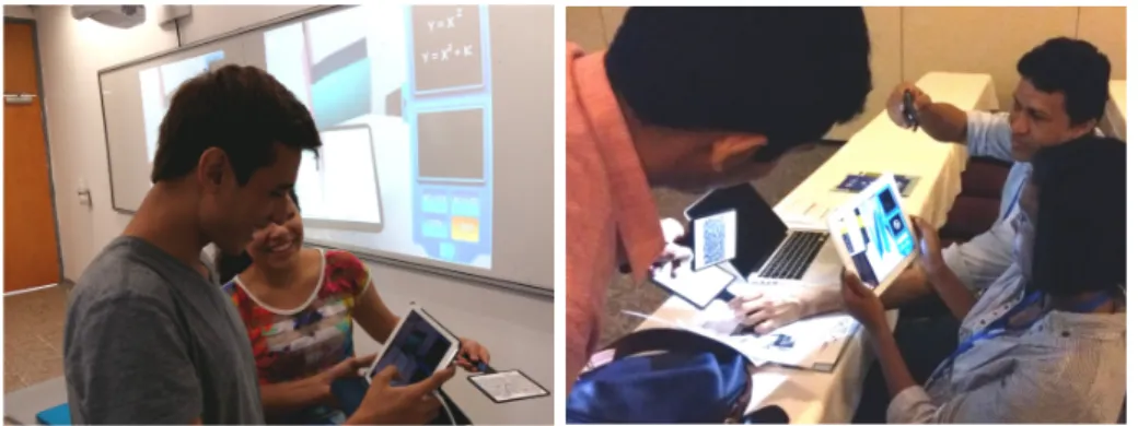 Fig. 4. (a) Students interacting with the AR app. (b) Teachers evaluating didactic possibilities