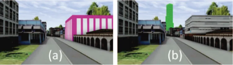 Fig. 1 Participants are asked to learn either (a) highlighted local landmarks along a route, or (b) highlighted global landmarks visible in the distance during navigation in a virtual urban  environ-ment