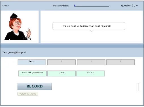 Figure 2. A screenshot of the treatment exercise. The teacher, Greet, asks a  question, and the learner answers by pressing the record button and speaking