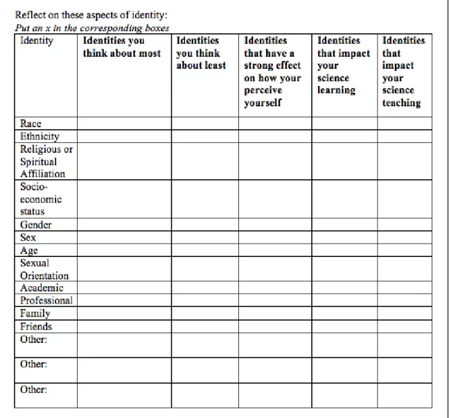 Figure 3.3 Social identity profile completed by each teaching assistant. 