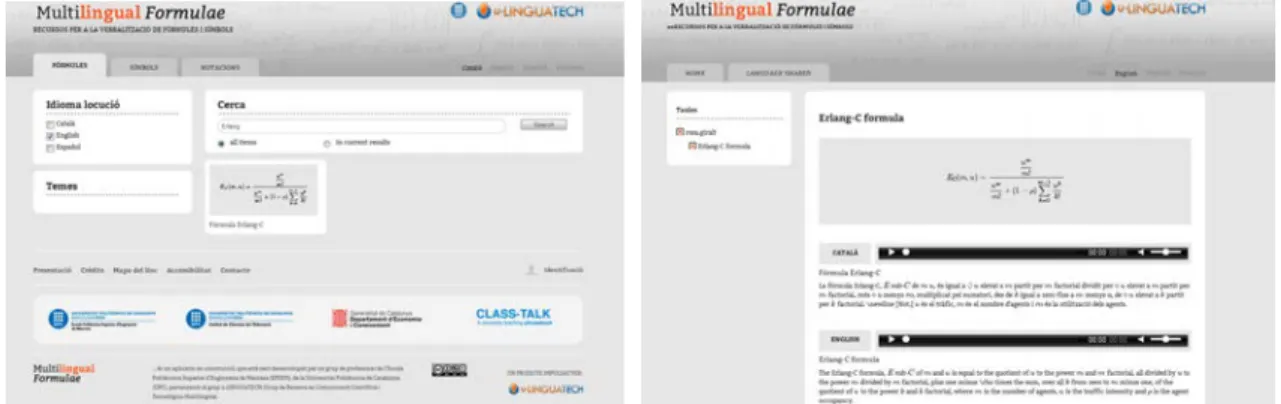 Fig. 7. Example of table of multifaceted search and of formula, at Multilingual Formulae