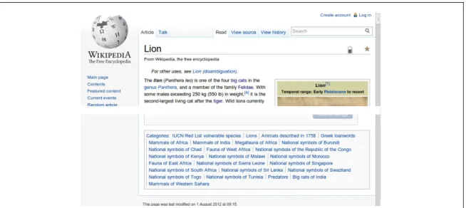 Figure 2.9: The set of categories in Wikipedia for the article about “lion”.