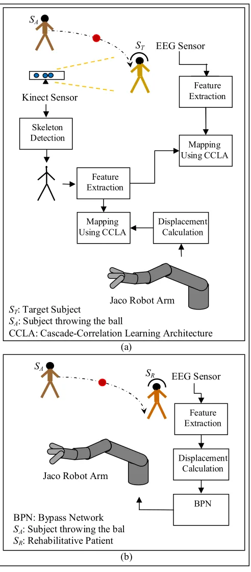 Fig. 1. Complete view of the proposed system for rehabilitative applications, (a) training phase, (b) testing phase