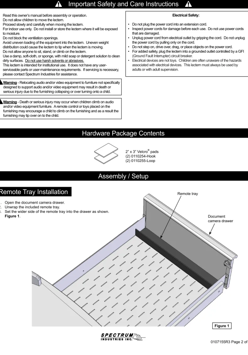 Figure 1. Figure 1Remote trayDocument  camera drawer2” x 3” Velcro® pads(2) 0110254-Hook(2) 0110255-Loop
