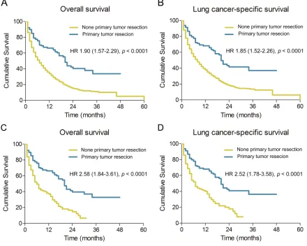 Figure 1: Overall and lung cancer-specific survival in NSCLC patients with ipsilateral malignant pleural effusion before propensity score matching A