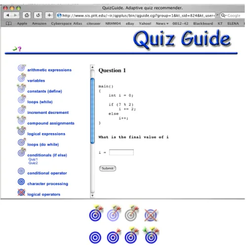 Figure 3. (a) Links to topics in QuizGuide Interface were annotated with adaptive target- target-arrows icons displaying educational states of the topics