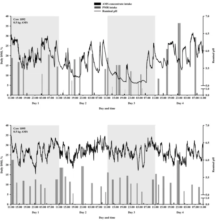 Figure 3.1. Day-to-day variation in feeding behaviour, visits to the AMS, and ruminal pH for  individual cows and between selected cows when fed 0.5 kg of concentrate in the AMS