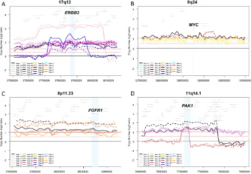 Figure 2: Genomic profiles within four regions frequently amplified in breast cancer. The copy number profiles of each region (log2 ratios) were plotted for each of the 46 samples (23 pairs)