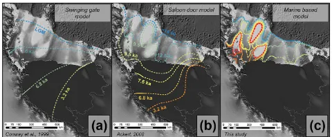 Figure 9. Comparison of existing models of Ross Sea deglaciation.(a) The “swinging gate model” (Conway et al., 1999) assumes a lin-ear grounding line swinging across the Ross Sea, implying that con-trols on ice-sheet dynamics are the same throughout the Ro
