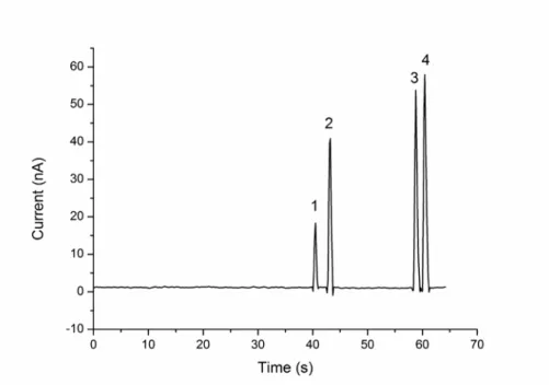 Figure  2.6:  Electropherogram obtained from the separation of a standard sample. MCE  conditions: the running buffer was 50  mM phosphate buffer (pH 9.6) containing 2.5  mM  luminol, 0.45  mM Cu 2+   and 4.5 mM tartrate