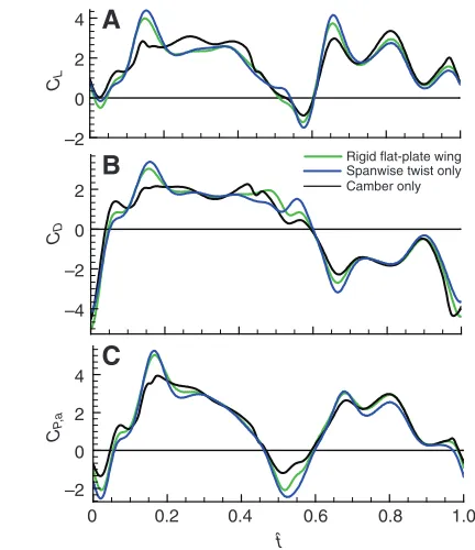 Fig. 10. Spanwise lift and drag distributions at mid-downstroke of the wingwith camber deformation only (A) and of the wing with spanwise twistdeformation only (B) for hoverfly H3, compared with that of the rigid flat-plate wing