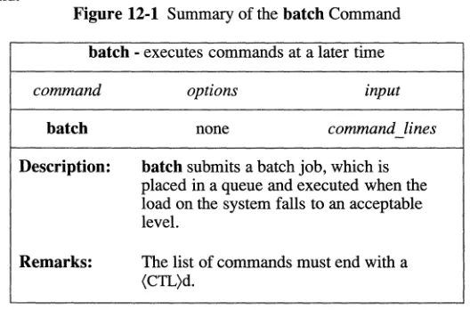 Figure 12-1 summarizes the syntax and capabilities of the batch Com-mand. Figure 12-1 Summary of the batch Command 