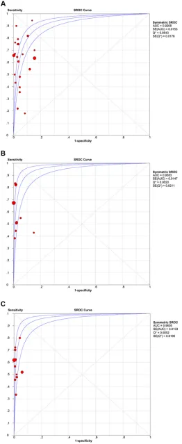 Figure 4: SROC curves of cfDNA for detection of all EGFR mutations (A), the exon 19 deletion (B), and the L858R point mutation (C).
