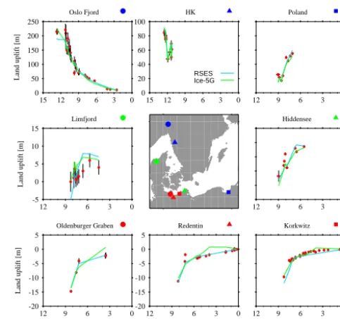Figure 4. Comparison of RSL data (red dots) at selected locations to sea-level curves as calculated with the best earth model for a respective Comparison of RSL data (red dots) at selected locationsto sea-level curves as calculated with the best earth model for a