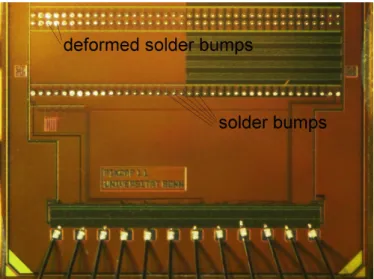 Figure 3.13: A micrograph of the PixCap chip with solder bumps. Not all bumps are perfectly spherical, some of them are deformed.